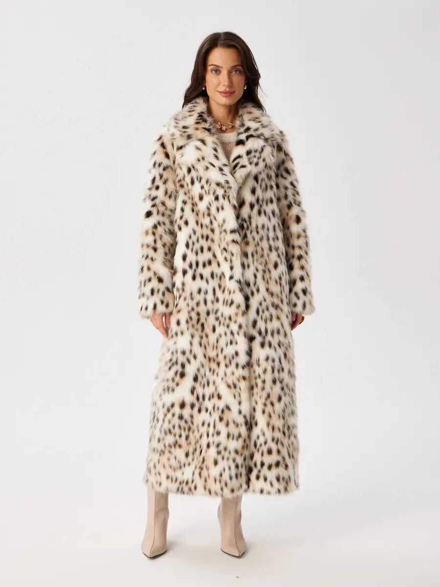 Women Faux Fur Long Coats Jackets Leopard Print Turn Down Collar Coat Thick Warm Y2k Streetwear Jacket Lace Up Autumn Winter