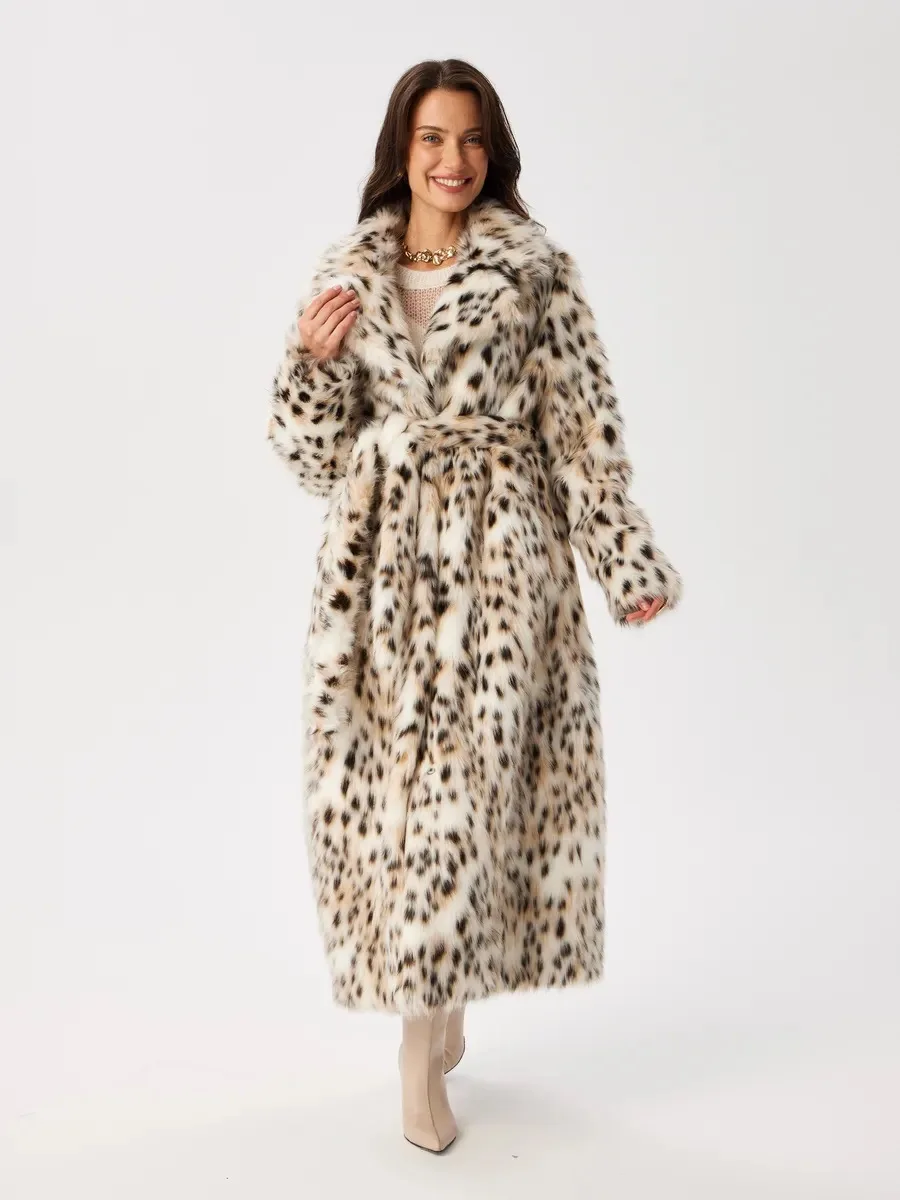 Women Faux Fur Long Coats Jackets Leopard Print Turn Down Collar Coat Thick Warm Y2k Streetwear Jacket Lace Up Autumn Winter