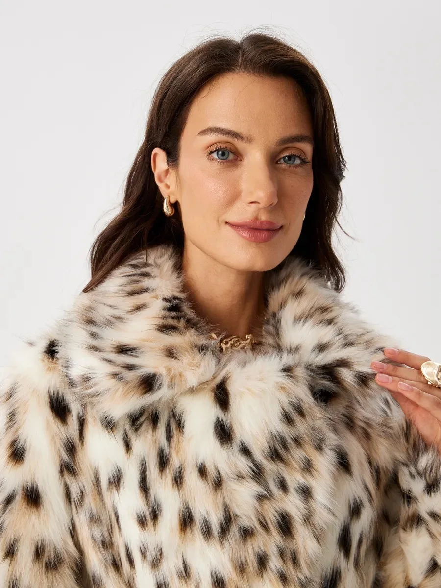 Women Faux Fur Long Coats Jackets Leopard Print Turn Down Collar Coat Thick Warm Y2k Streetwear Jacket Lace Up Autumn Winter