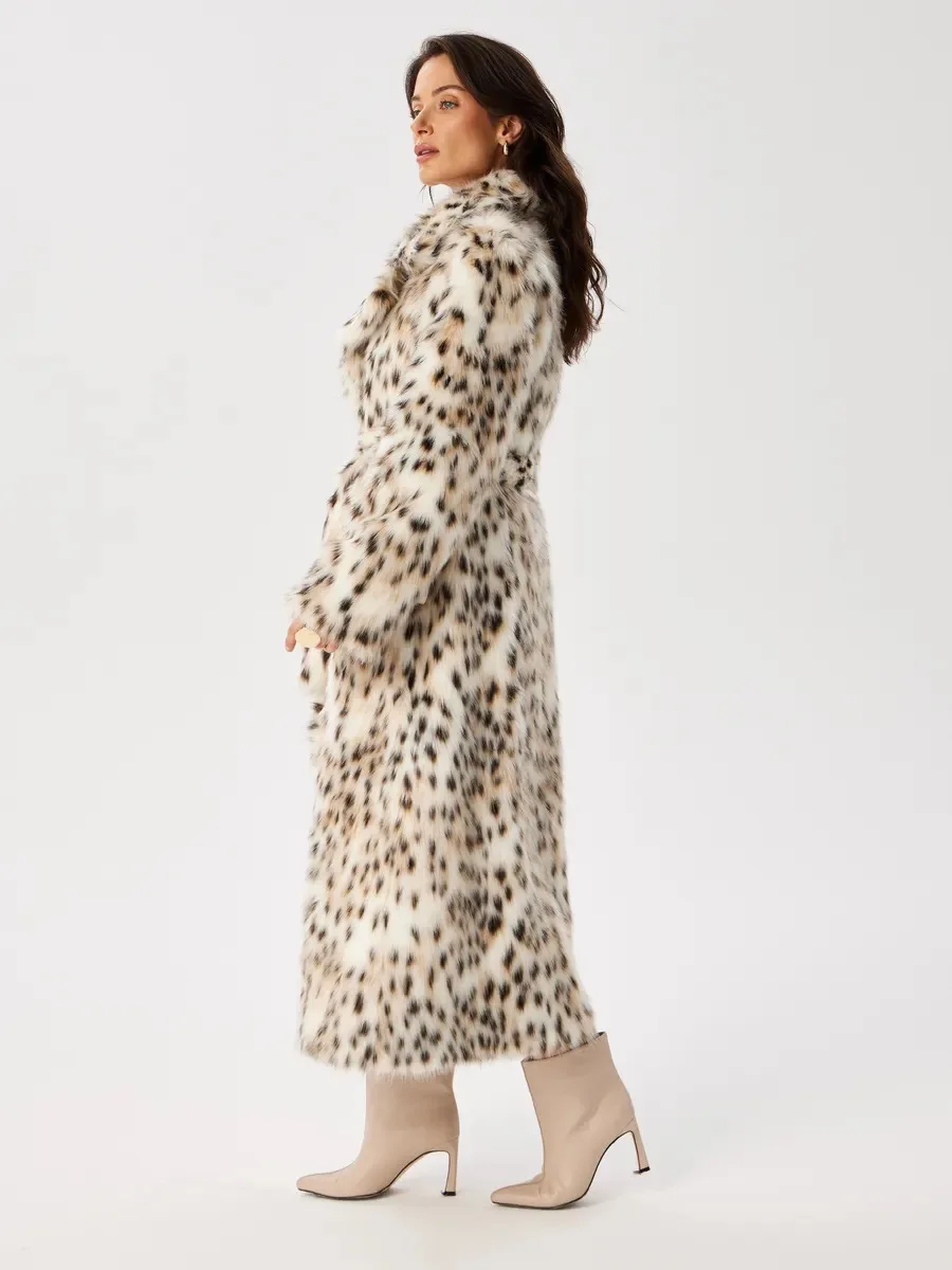 Women Faux Fur Long Coats Jackets Leopard Print Turn Down Collar Coat Thick Warm Y2k Streetwear Jacket Lace Up Autumn Winter