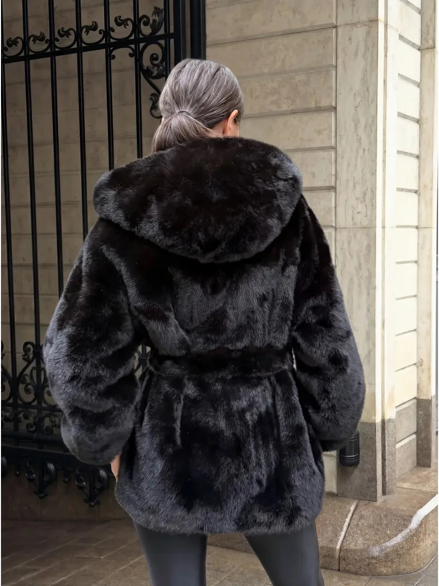 Faux Fur Jackets Women Hooded Coats Mid Length Coat Thick Warm Y2k Streetwear Jacket Elegant Work Belt Tight Waist Autumn Winter