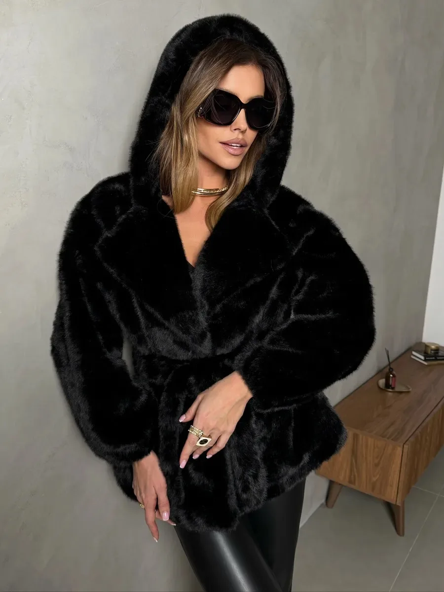 Faux Fur Jackets Women Hooded Coats Mid Length Coat Thick Warm Y2k Streetwear Jacket Elegant Work Belt Tight Waist Autumn Winter