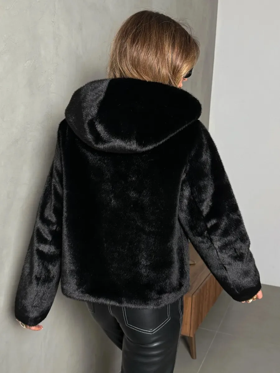 Faux Fur Jackets Women Hooded Coats Mid Length Coat Thick Warm Y2k Streetwear Jacket Elegant Work Belt Tight Waist Autumn Winter