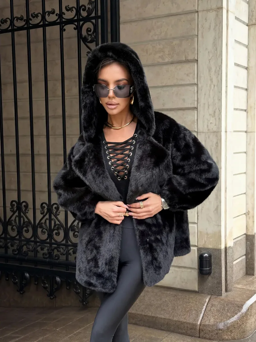 Faux Fur Jackets Women Hooded Coats Mid Length Coat Thick Warm Y2k Streetwear Jacket Elegant Work Belt Tight Waist Autumn Winter