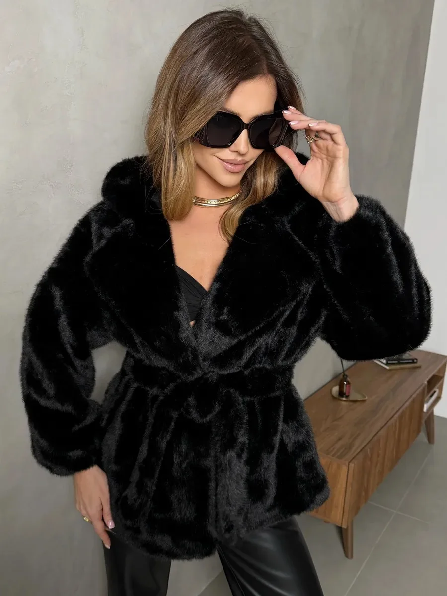 Faux Fur Jackets Women Hooded Coats Mid Length Coat Thick Warm Y2k Streetwear Jacket Elegant Work Belt Tight Waist Autumn Winter