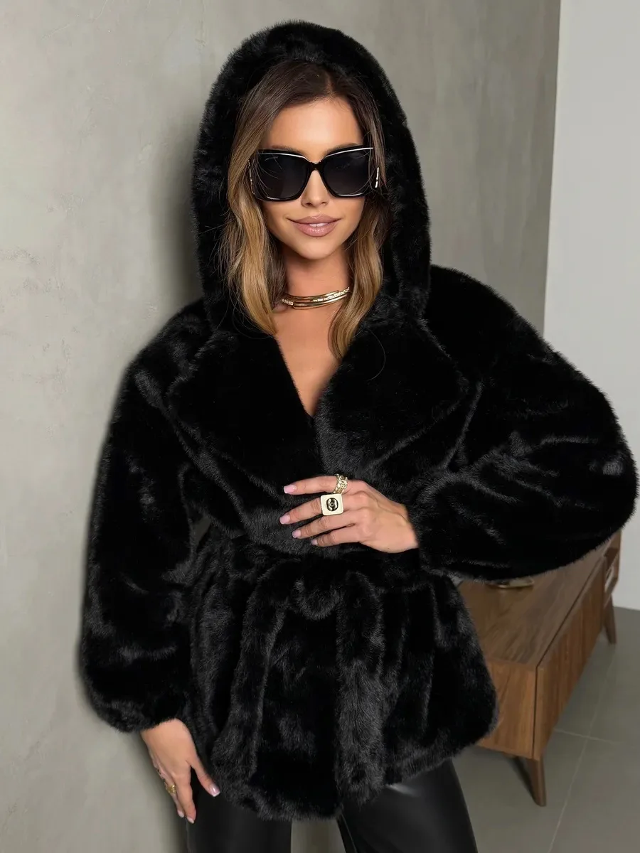 Faux Fur Jackets Women Hooded Coats Mid Length Coat Thick Warm Y2k Streetwear Jacket Elegant Work Belt Tight Waist Autumn Winter