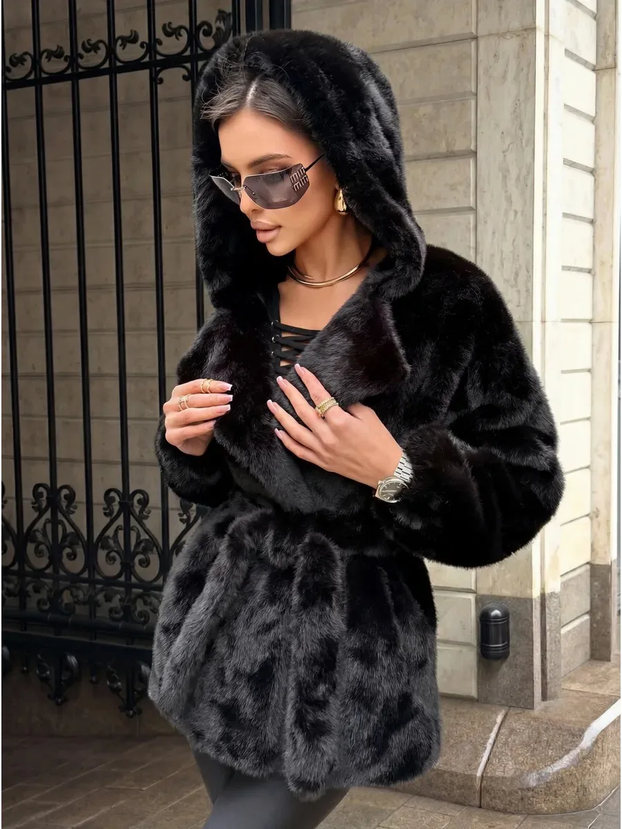 Faux Fur Jackets Women Hooded Coats Mid Length Coat Thick Warm Y2k Streetwear Jacket Elegant Work Belt Tight Waist Autumn Winter