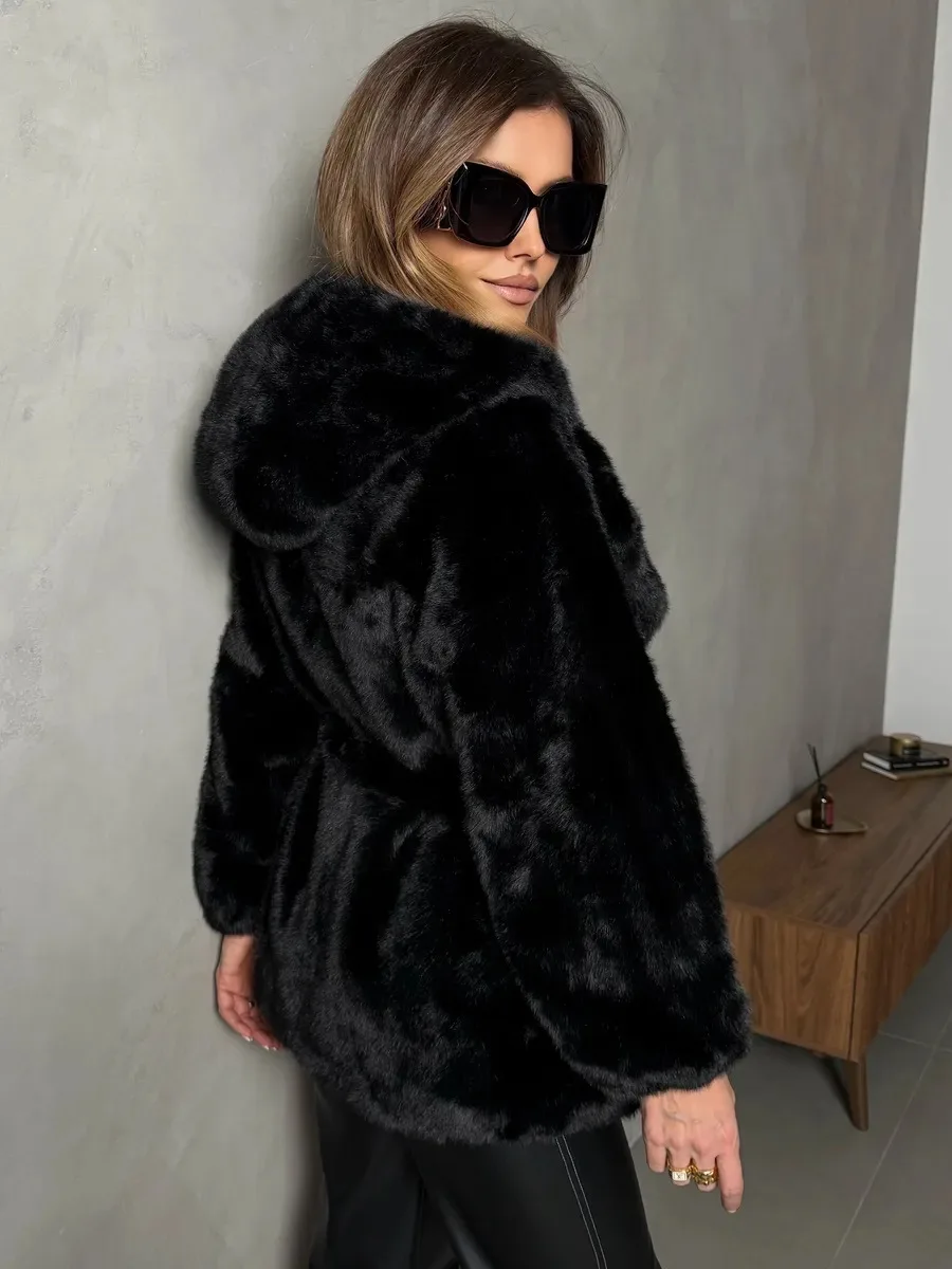 Faux Fur Jackets Women Hooded Coats Mid Length Coat Thick Warm Y2k Streetwear Jacket Elegant Work Belt Tight Waist Autumn Winter