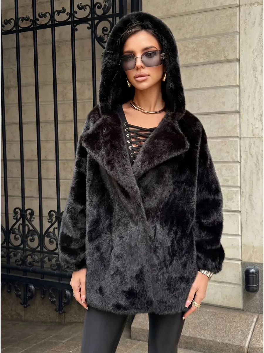 Faux Fur Jackets Women Hooded Coats Mid Length Coat Thick Warm Y2k Streetwear Jacket Elegant Work Belt Tight Waist Autumn Winter