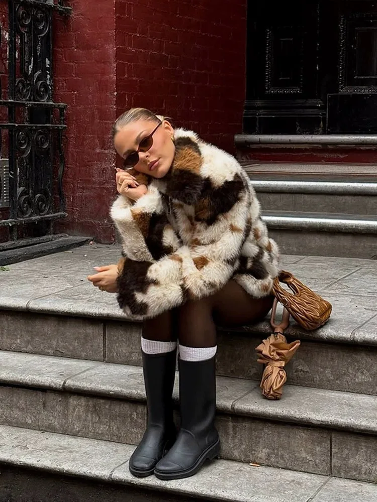 Women Faux Fur Coats Jackets Turn Down Collar Print Coat Thick Warm Y2k Streetwear Jacket Elegant Work Outerwear Autumn Winter
