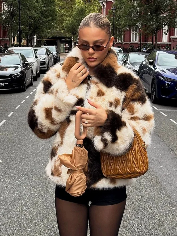 Women Faux Fur Coats Jackets Turn Down Collar Print Coat Thick Warm Y2k Streetwear Jacket Elegant Work Outerwear Autumn Winter