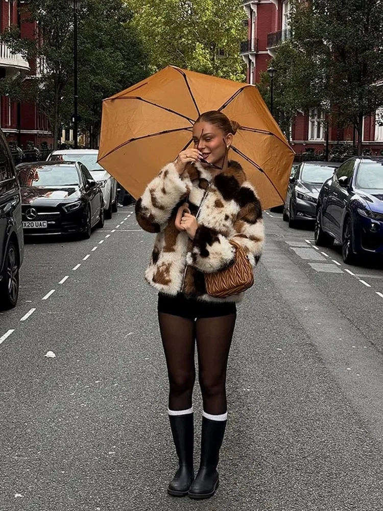 Women Faux Fur Coats Jackets Turn Down Collar Print Coat Thick Warm Y2k Streetwear Jacket Elegant Work Outerwear Autumn Winter