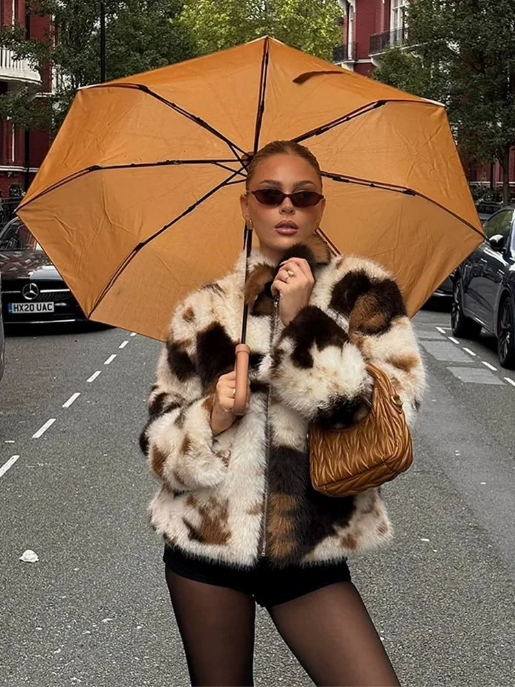 Women Faux Fur Coats Jackets Turn Down Collar Print Coat Thick Warm Y2k Streetwear Jacket Elegant Work Outerwear Autumn Winter