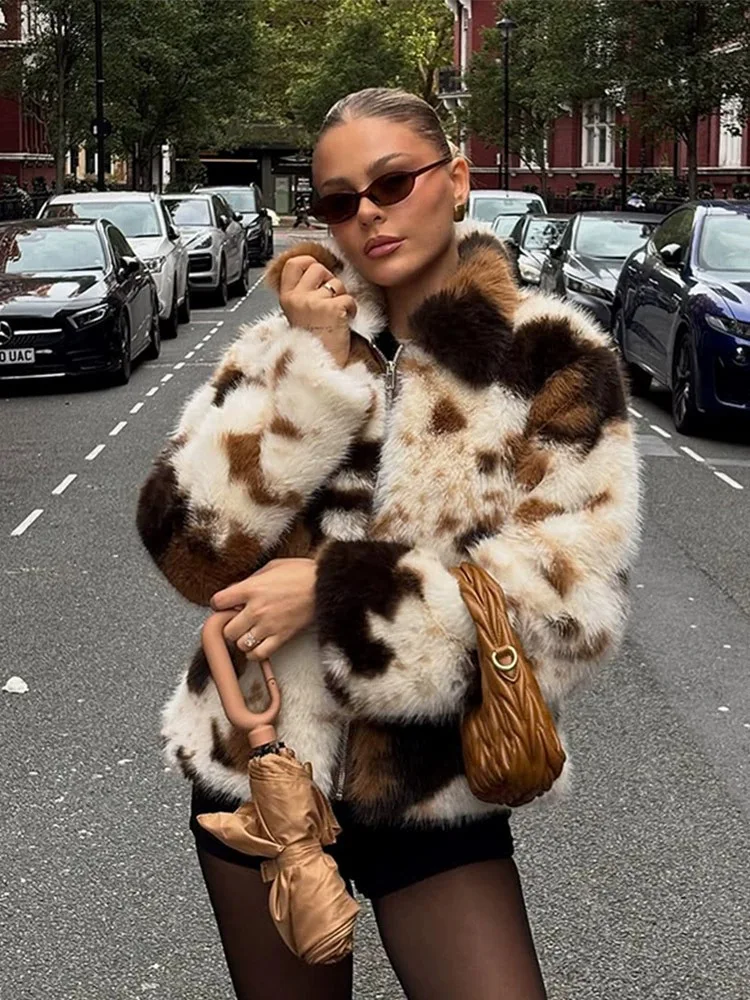 Women Faux Fur Coats Jackets Turn Down Collar Print Coat Thick Warm Y2k Streetwear Jacket Elegant Work Outerwear Autumn Winter