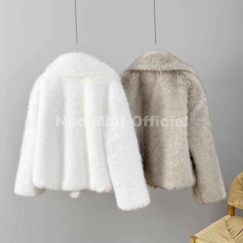 Neo Mint Chic Street Hot Girls 2025 Winter Pure White Faux Fur Jacket Women Fuzzy Lapel Collar Fox Fur Coat Thick Warm Outerwear