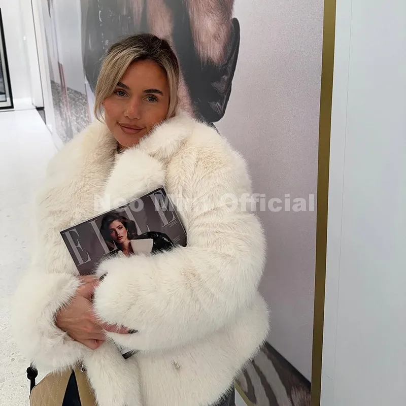Neo Mint Chic Street Hot Girls 2025 Winter Pure White Faux Fur Jacket Women Fuzzy Lapel Collar Fox Fur Coat Thick Warm Outerwear