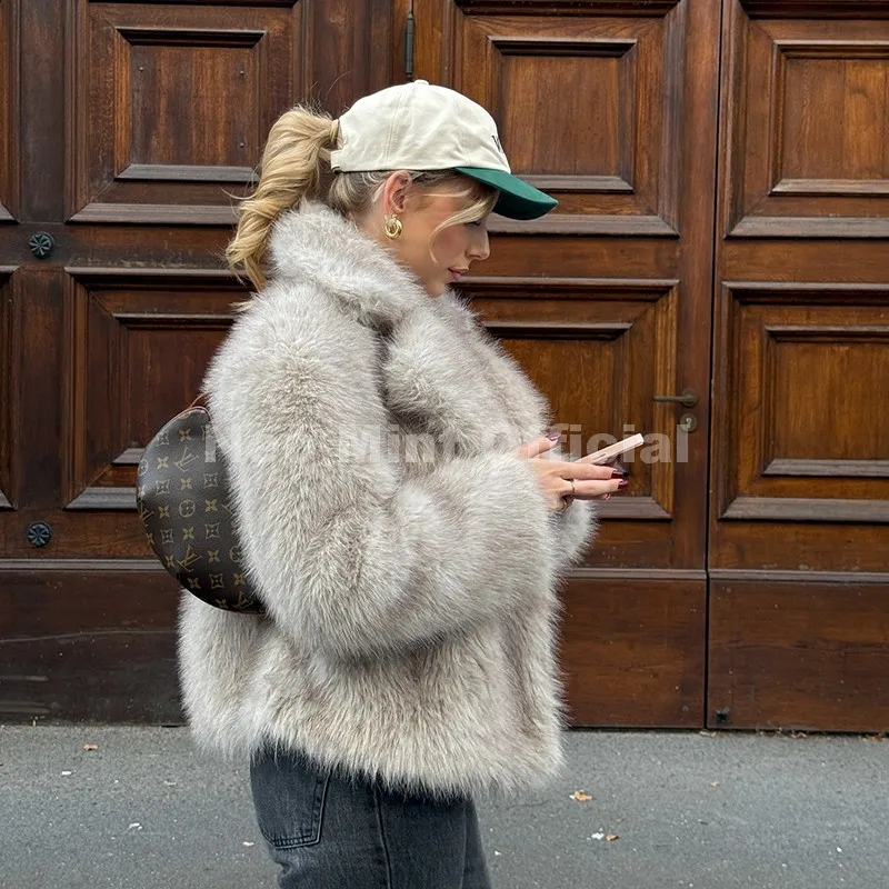 Neo Mint Chic Street Hot Girls 2025 Winter Pure White Faux Fur Jacket Women Fuzzy Lapel Collar Fox Fur Coat Thick Warm Outerwear