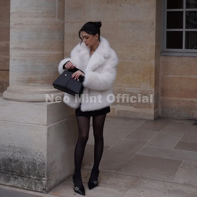 Neo Mint Chic Street Hot Girls 2025 Winter Pure White Faux Fur Jacket Women Fuzzy Lapel Collar Fox Fur Coat Thick Warm Outerwear