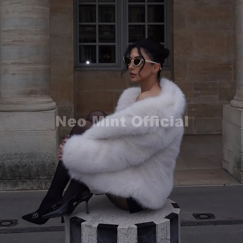 Neo Mint Chic Street Hot Girls 2025 Winter Pure White Faux Fur Jacket Women Fuzzy Lapel Collar Fox Fur Coat Thick Warm Outerwear