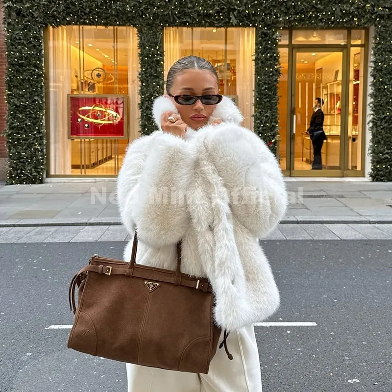 Neo Mint Chic Street Hot Girls 2025 Winter Pure White Faux Fur Jacket Women Fuzzy Lapel Collar Fox Fur Coat Thick Warm Outerwear