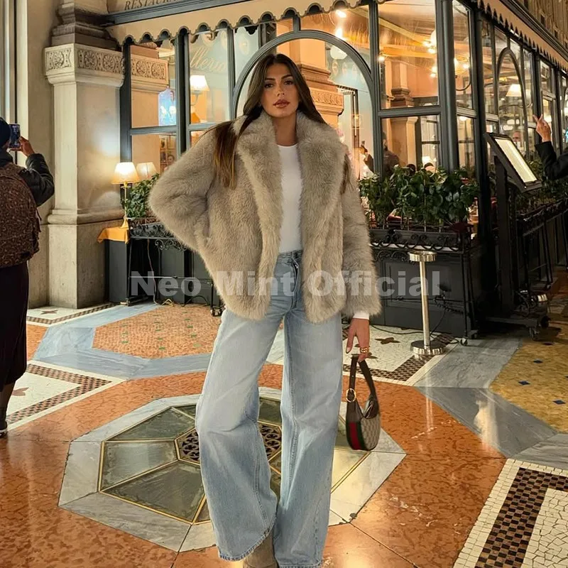 Neo Mint Chic Street Hot Girls 2025 Winter Pure White Faux Fur Jacket Women Fuzzy Lapel Collar Fox Fur Coat Thick Warm Outerwear