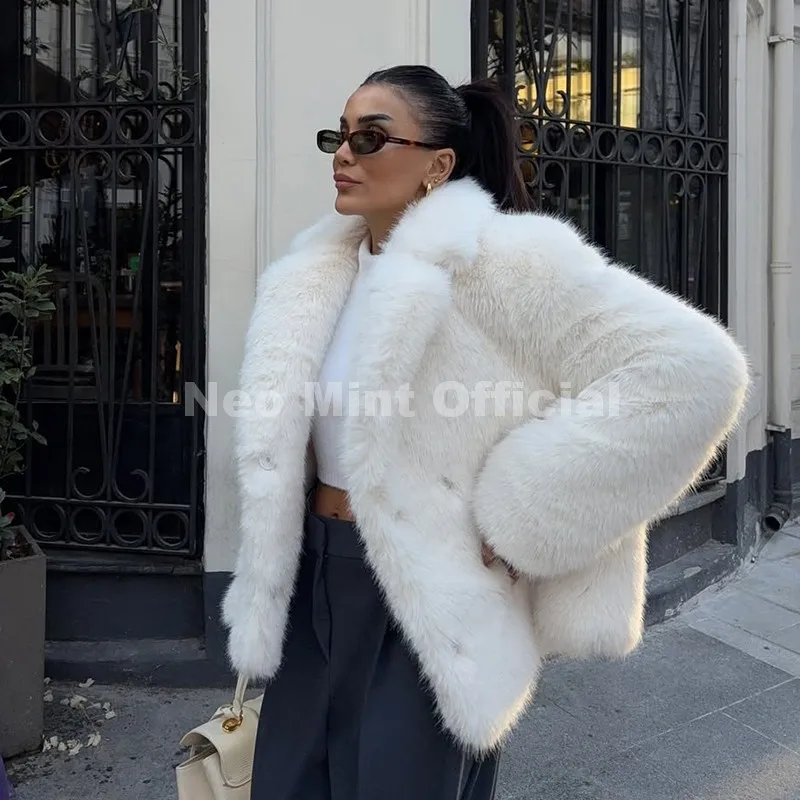 Neo Mint Chic Street Hot Girls 2025 Winter Pure White Faux Fur Jacket Women Fuzzy Lapel Collar Fox Fur Coat Thick Warm Outerwear