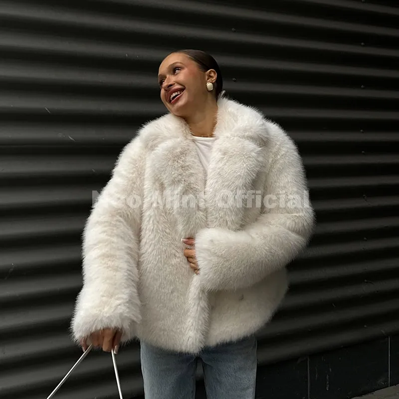 Neo Mint Chic Street Hot Girls 2025 Winter Pure White Faux Fur Jacket Women Fuzzy Lapel Collar Fox Fur Coat Thick Warm Outerwear