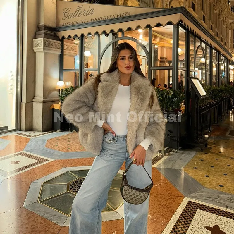 Neo Mint Chic Street Hot Girls 2025 Winter Pure White Faux Fur Jacket Women Fuzzy Lapel Collar Fox Fur Coat Thick Warm Outerwear