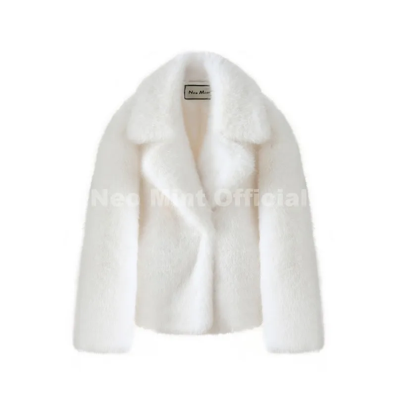 Neo Mint Chic Street Hot Girls 2025 Winter Pure White Faux Fur Jacket Women Fuzzy Lapel Collar Fox Fur Coat Thick Warm Outerwear