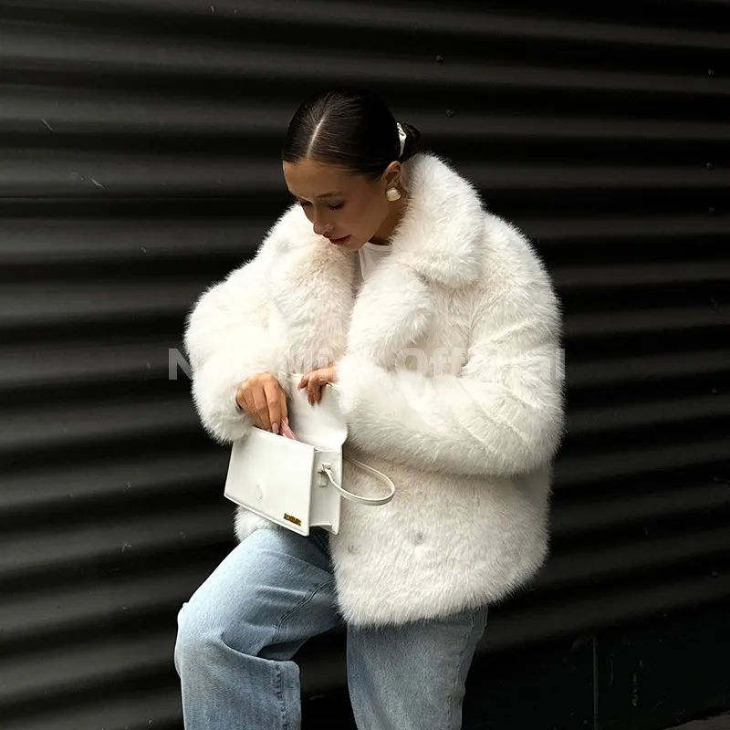 Neo Mint Chic Street Hot Girls 2025 Winter Pure White Faux Fur Jacket Women Fuzzy Lapel Collar Fox Fur Coat Thick Warm Outerwear