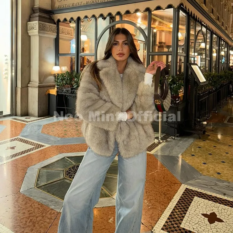 Neo Mint Chic Street Hot Girls 2025 Winter Pure White Faux Fur Jacket Women Fuzzy Lapel Collar Fox Fur Coat Thick Warm Outerwear
