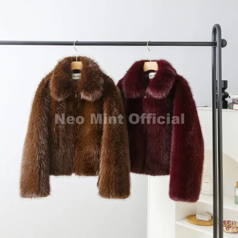 Neo Mint Ins Blogger Brand Fashion Burgundy Obsession Faux Fur Coat Women Winter 2025 Vintage Brown Fox Fur Jacket Warm Overcoat