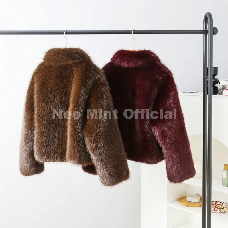 Neo Mint Ins Blogger Brand Fashion Burgundy Obsession Faux Fur Coat Women Winter 2025 Vintage Brown Fox Fur Jacket Warm Overcoat