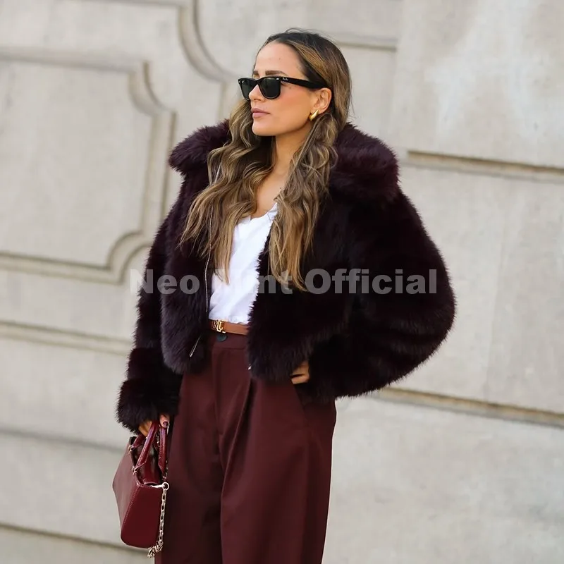 Neo Mint Ins Blogger Brand Fashion Burgundy Obsession Faux Fur Coat Women Winter 2025 Vintage Brown Fox Fur Jacket Warm Overcoat