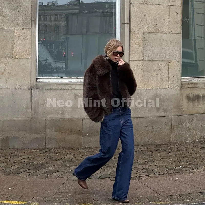 Neo Mint Ins Blogger Brand Fashion Burgundy Obsession Faux Fur Coat Women Winter 2025 Vintage Brown Fox Fur Jacket Warm Overcoat