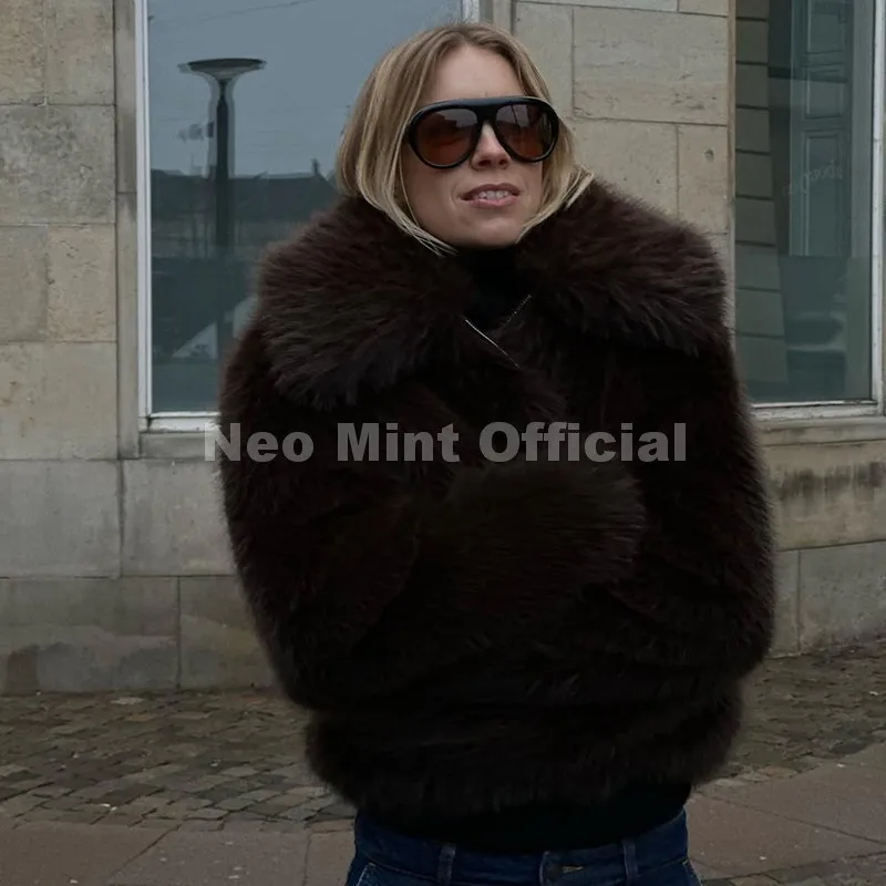 Neo Mint Ins Blogger Brand Fashion Burgundy Obsession Faux Fur Coat Women Winter 2025 Vintage Brown Fox Fur Jacket Warm Overcoat