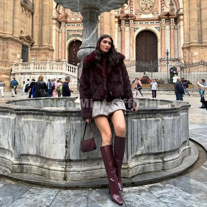 Neo Mint Ins Blogger Brand Fashion Burgundy Obsession Faux Fur Coat Women Winter 2025 Vintage Brown Fox Fur Jacket Warm Overcoat