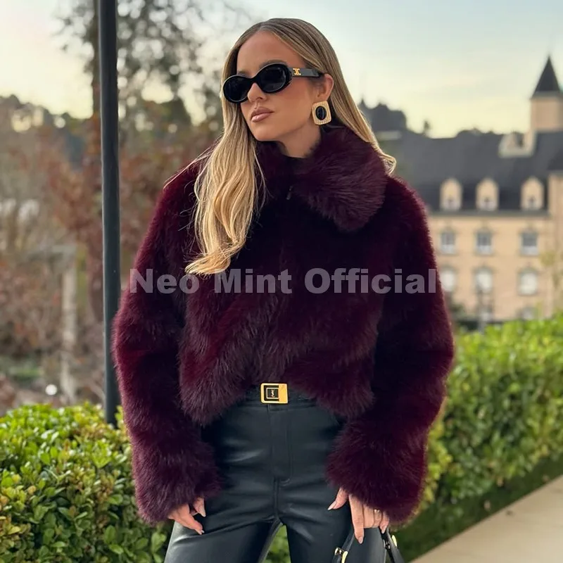 Neo Mint Ins Blogger Brand Fashion Burgundy Obsession Faux Fur Coat Women Winter 2025 Vintage Brown Fox Fur Jacket Warm Overcoat
