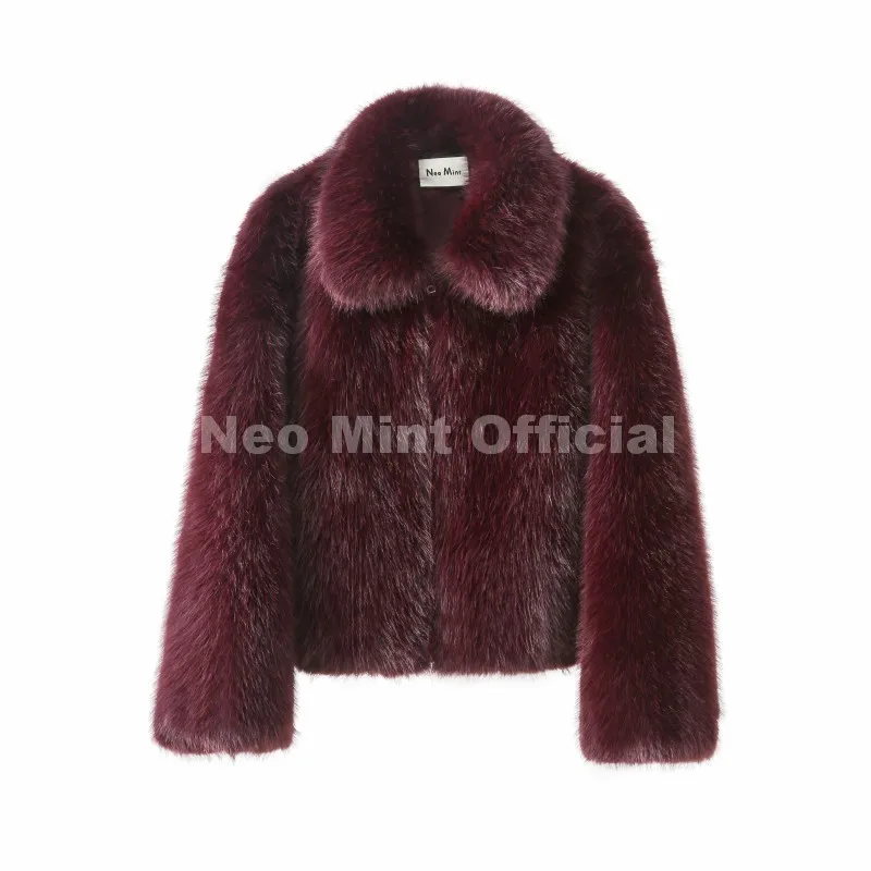 Neo Mint Ins Blogger Brand Fashion Burgundy Obsession Faux Fur Coat Women Winter 2025 Vintage Brown Fox Fur Jacket Warm Overcoat