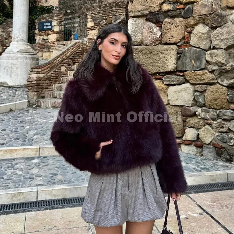 Neo Mint Ins Blogger Brand Fashion Burgundy Obsession Faux Fur Coat Women Winter 2025 Vintage Brown Fox Fur Jacket Warm Overcoat