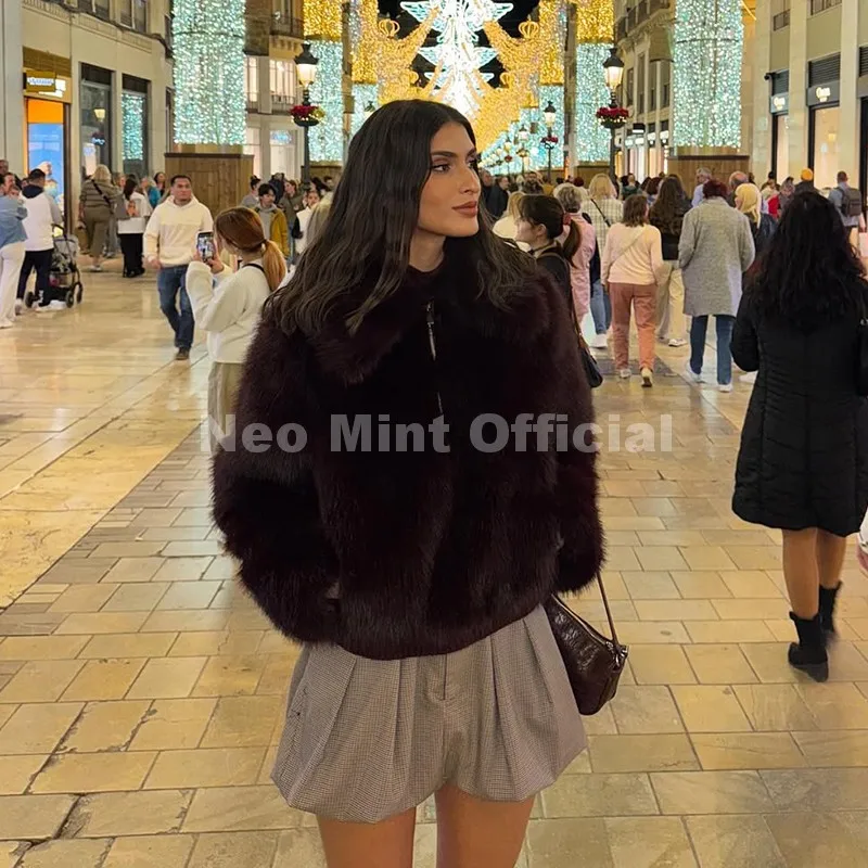 Neo Mint Ins Blogger Brand Fashion Burgundy Obsession Faux Fur Coat Women Winter 2025 Vintage Brown Fox Fur Jacket Warm Overcoat