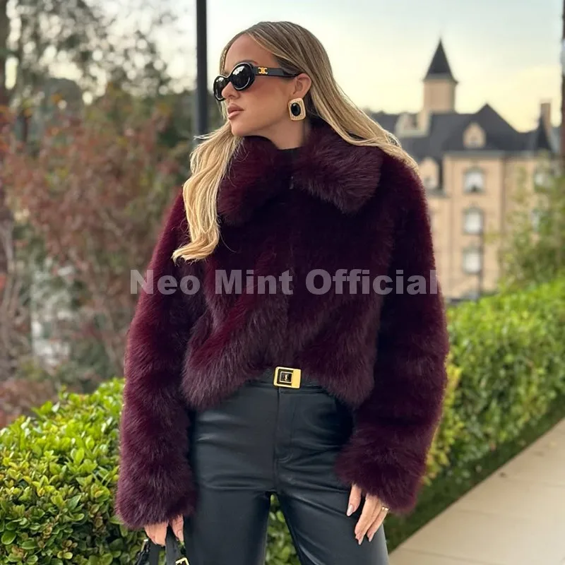 Neo Mint Ins Blogger Brand Fashion Burgundy Obsession Faux Fur Coat Women Winter 2025 Vintage Brown Fox Fur Jacket Warm Overcoat