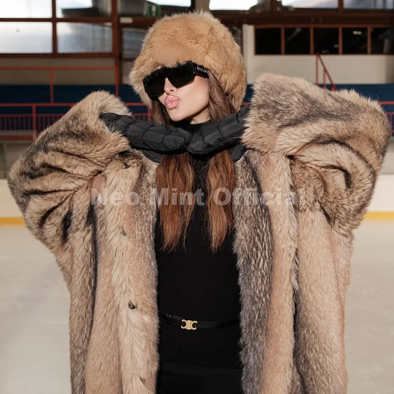 Neo Mint Vintage Luxury Fashion Hooded Faux Fur Coat Women 2025 Winter Slavic Style Girl Striped Fox Fur Jacket Long Overcoat