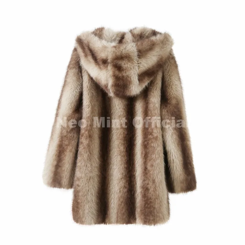 Neo Mint Vintage Luxury Fashion Hooded Faux Fur Coat Women 2025 Winter Slavic Style Girl Striped Fox Fur Jacket Long Overcoat