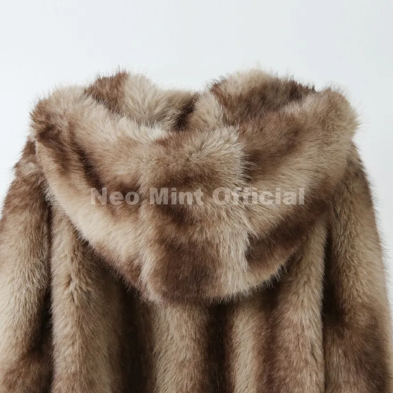 Neo Mint Vintage Luxury Fashion Hooded Faux Fur Coat Women 2025 Winter Slavic Style Girl Striped Fox Fur Jacket Long Overcoat