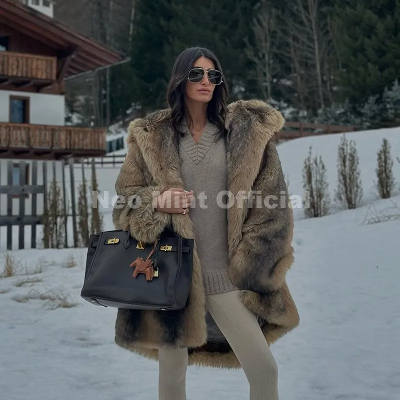 Neo Mint Vintage Luxury Fashion Hooded Faux Fur Coat Women 2025 Winter Slavic Style Girl Striped Fox Fur Jacket Long Overcoat