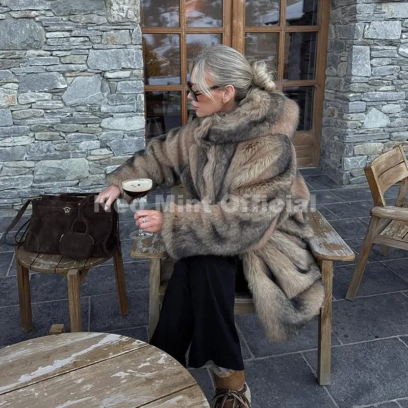 Neo Mint Vintage Luxury Fashion Hooded Faux Fur Coat Women 2025 Winter Slavic Style Girl Striped Fox Fur Jacket Long Overcoat