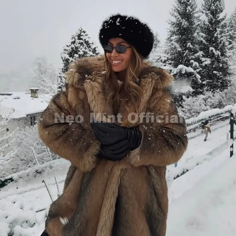 Neo Mint Vintage Luxury Fashion Hooded Faux Fur Coat Women 2025 Winter Slavic Style Girl Striped Fox Fur Jacket Long Overcoat