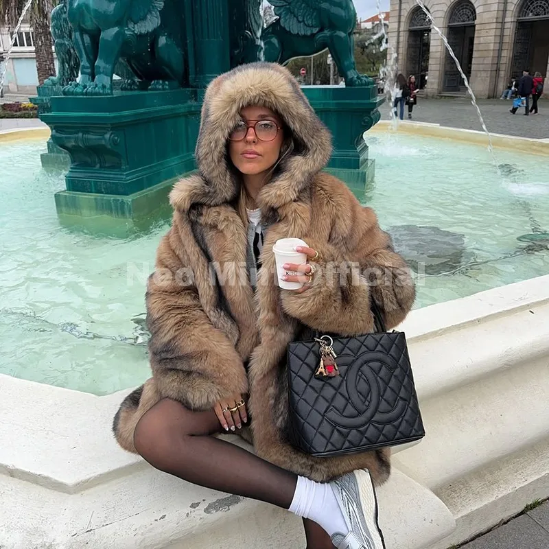 Neo Mint Vintage Luxury Fashion Hooded Faux Fur Coat Women 2025 Winter Slavic Style Girl Striped Fox Fur Jacket Long Overcoat