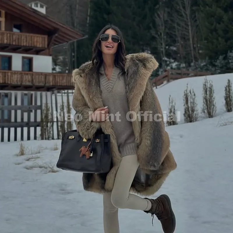 Neo Mint Vintage Luxury Fashion Hooded Faux Fur Coat Women 2025 Winter Slavic Style Girl Striped Fox Fur Jacket Long Overcoat